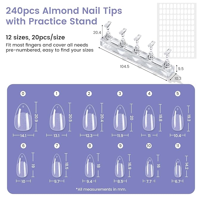Short Almond Nail Tips: 240PCS Soft Gel Pre-Shaped Acrylic Fake Almond Nail Tips with Nail Stand, 12 Sizes Full Cover Clear Press on Nails for Girls Women Nail Art Design