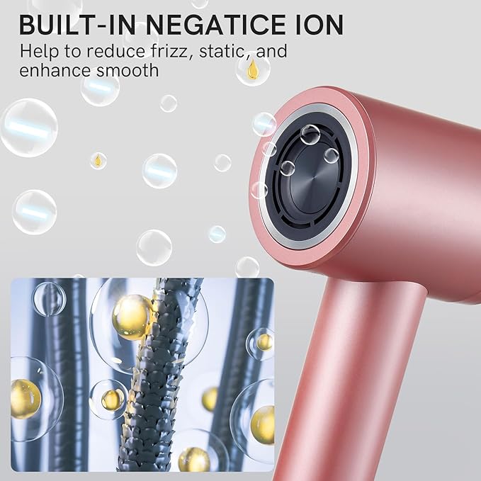 Cordless Ionic Hair Dryer with Digital Screen, 4 Mode Charging Blow Dryer with Magnetic Nozzle, Travel Hair Dryer for Women Kids Outdoor Camping Beaches (Pink)