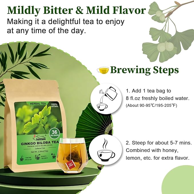 FullChea - Ginkgo Biloba Tea Bags, 36 Teabags - Premium Dried Ginkgo Biloba Leaves - Non-GMO - Caffeine-free - Support Memory & Focus