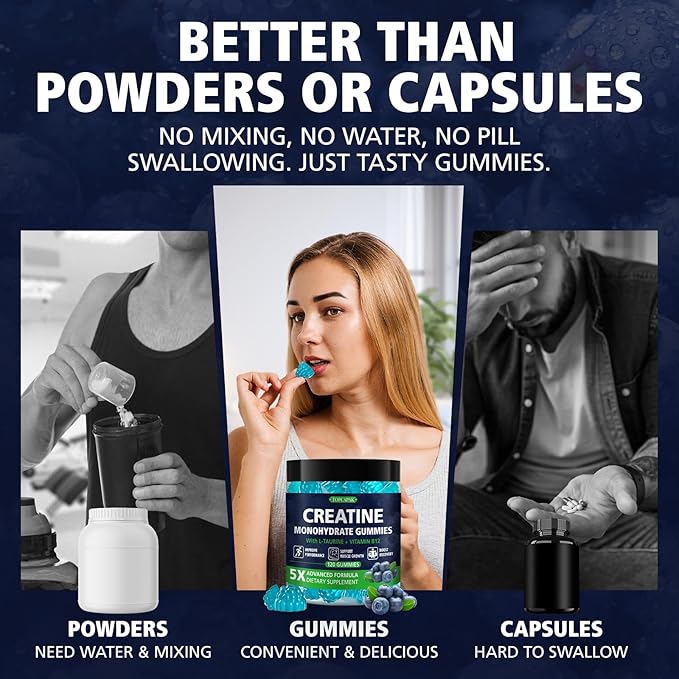 Creatine Monohydrate Gummies for Men & Women - Blueberry Flavor, Raspberry-Shaped - Chewable Creatine Gummy with Taurine & Vitamin B12, 5g Creatine per Serving, 120 Gummies