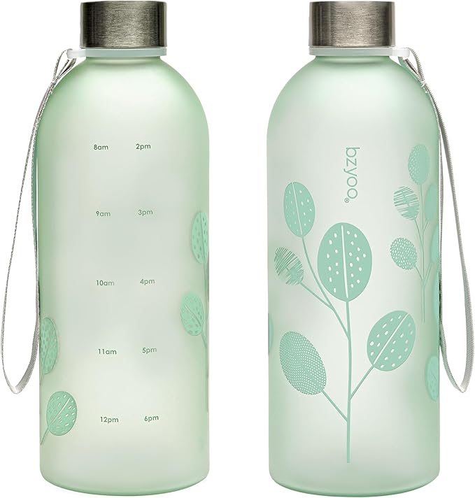 bzyoo 32oz 1 Liter Clear Water Bottle with Time Marker, Leaf Design, Durable Plastic, BPA-Free, Reusable with Measurement Markings for Fitness and Outdoor Activities (Color: Green)
