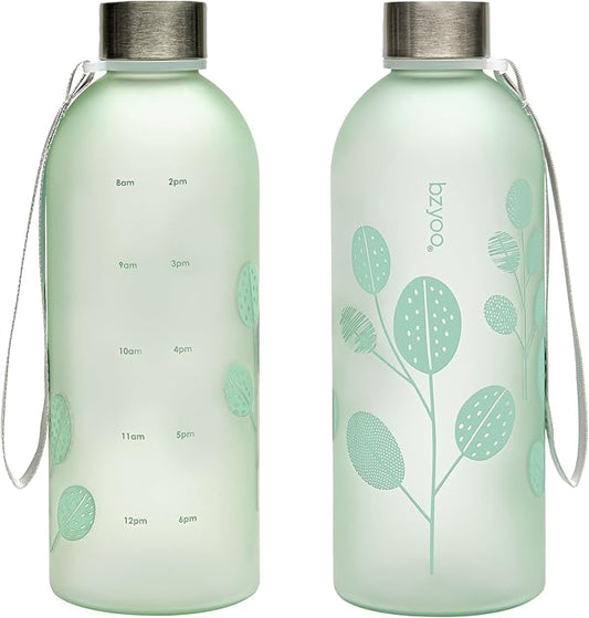 bzyoo 32oz 1 Liter Clear Water Bottle with Time Marker, Leaf Design, Durable Plastic, BPA-Free, Reusable with Measurement Markings for Fitness and Outdoor Activities (Color: Green)