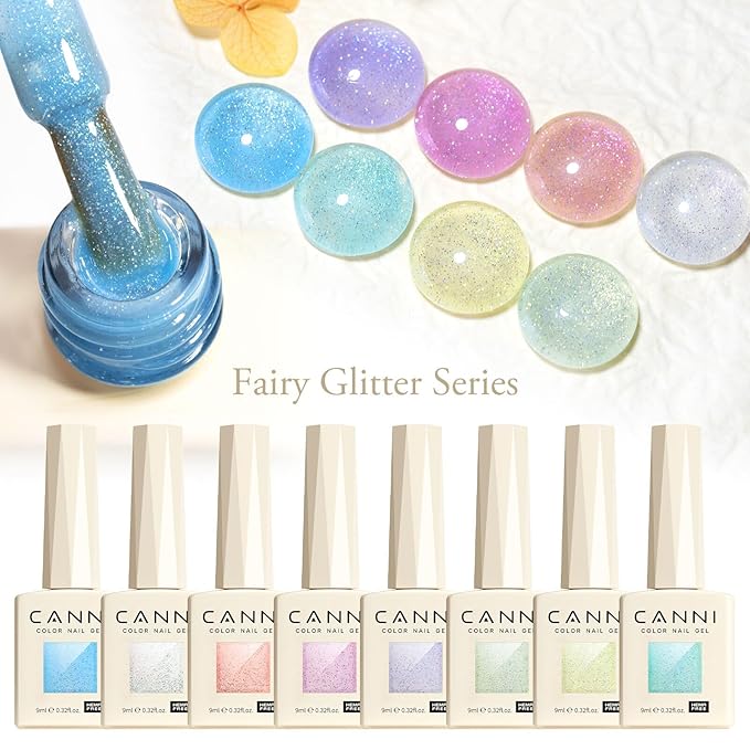 CANNI 8 Pcs 9 ML Glitter Gel Nail Polish Set, Shimmer Sparkly Pink Yellow White Purple Blue Green Colors Gel Polish Kit Soak Off Led Nail Art Gel Manicure Salon DIY Gifts