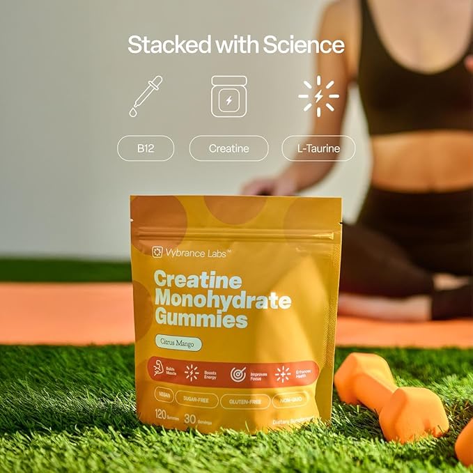 Creatine Gummies 5g Monohydrate + Taurine & B12 - Sugar-Free, Vegan, Gluten-Free - Citrus Mango - 120 Count (30 Servings) for Strength, Energy & Focus