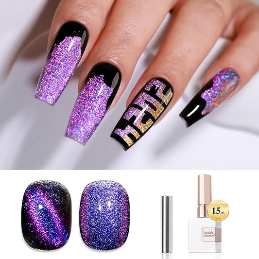 Double Rhythm Cat Eye Gel Polish with Magnet 15ML Holographic Glitter Shimmer Translucent Sheer Color Jelly Glass Magnetic Gel Polish Salon DIY at Home (Purple Blue-MC1074)