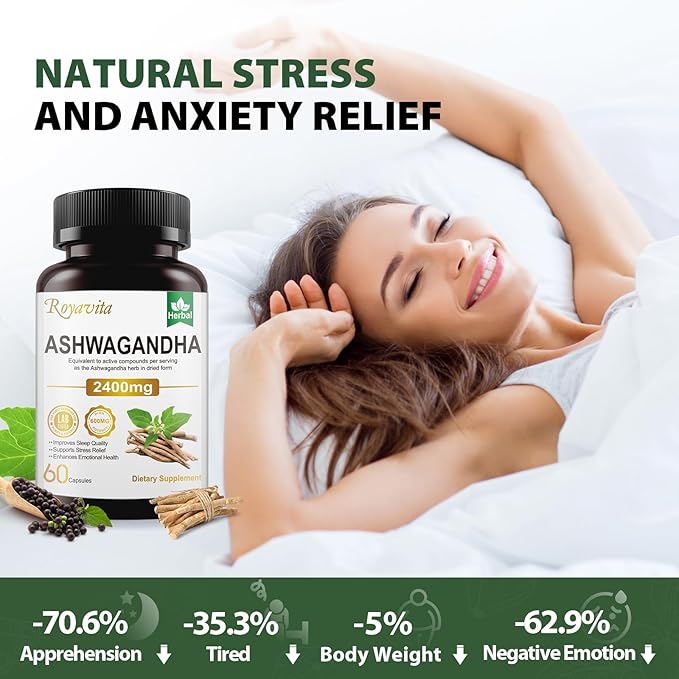Ashwagandha Supplements 2400mg Organic with Black Pepper Vitamin B12 & B6 for Max Absorption Stress Relief Athletic Performance for Men & Women 60 Capsules