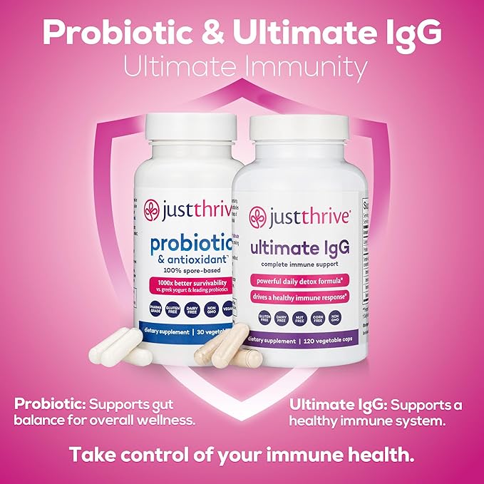 Just Thrive Probiotic & Antioxidant 30 Caps & Ultimate IgG 120 Caps Bundle Spore-Based Digestive & Immune Support Complete Detox & Immune Support - 30-Day Supply
