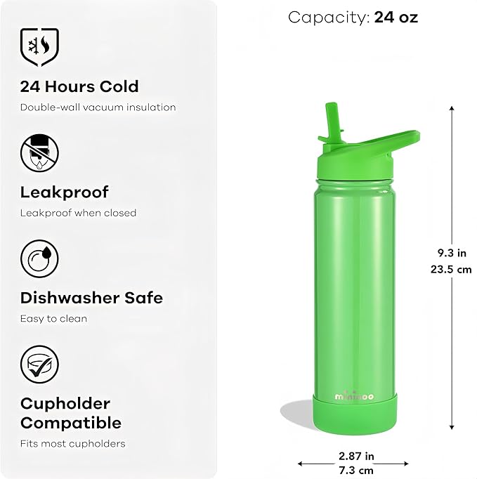 Insulated Stainless Steel Water Bottle with Straw, Ceramic-Lined, BPA-Free & Leak-Proof, 24 oz, Green Shimmer