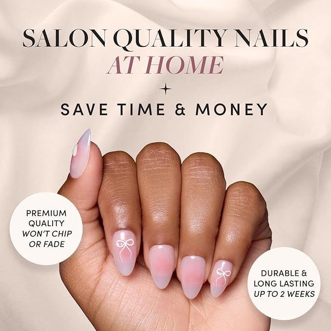 Glamnetic Press On Nails - Lovers Knot | Glossy, Semi-Transparent, Short Almond Nails, Salon Quality | 15 Sizes - 30 Nail Kit with Glue