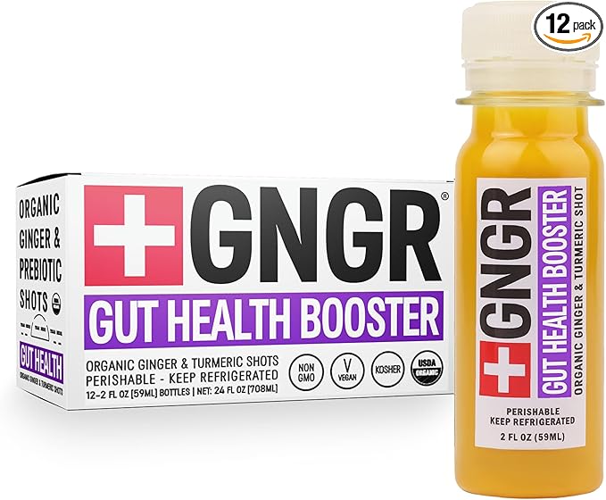 +GNGR Gut Health Booster + Colon Cleanse & Debloat, Less Cravings, Organic Ginger Shot with Apple Cider Vinegar, Aloe Vera, Pre+Probiotics, Turmeric. Immunty & Digestion. 2 fl oz (Pack of 12)