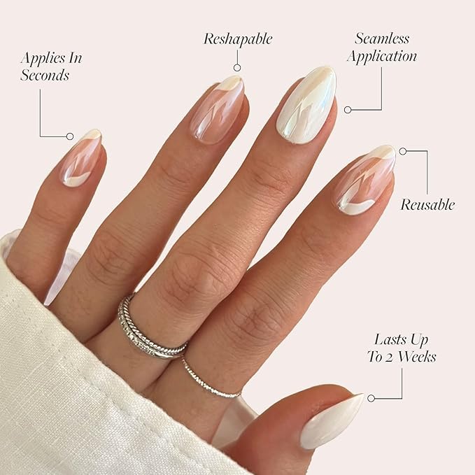 Glamnetic Press On Nails - Lovey Dovey | Glossy, Semi-Transparent Short Almond Nails with Abstract Accents, Salon Quality | 15 Sizes - 30 Nail Kit with Glue