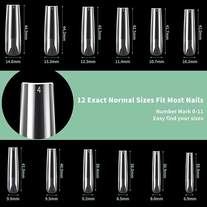 XXL Long Square Nail Tips, 120pcs Acrylic Fake Nails Gel Nail Tips Soft, Full Cover Pre-Shaped Matte Clear Press on Nails for Extension, Diy at Home Manicure 12 Sizes