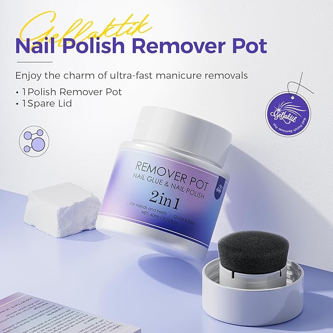 Nail Polish Remover Pot 2 Fl Oz (60ml), Nourishing Formula with Sponge Soak Bottle & Sponge Lid Cap, Gentle Fast Removal for Regular Polish at Home & Salon