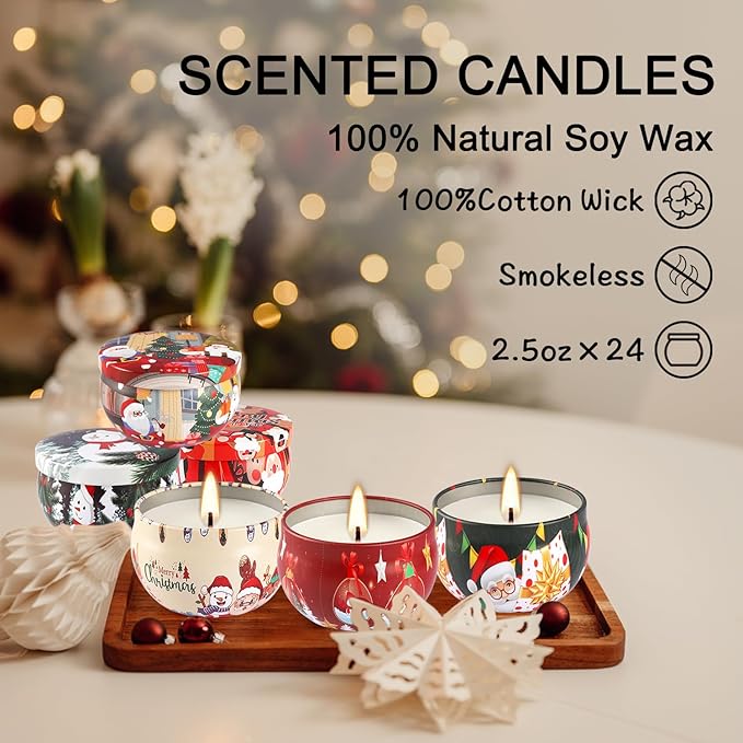 24 Packs Christmas Scented Candles Gift- Aromatherapy Candle-2.5oz Soy Wax-Long Lasting Burn time, Advent,Christmas Thanksgiving Gifts, Home Decor.
