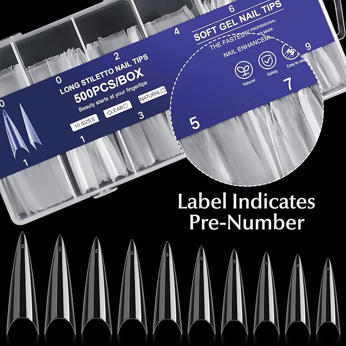krofaue Extra Long Stiletto Nail Tips - 500PCS False Clear Nais with 10 Sizes Half Cover Pointed Press On Artificial Acrylic for Salon DIY, XL