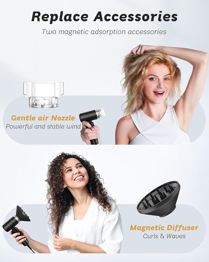 Dual Voltage Hair Dryer, High-Speed Ionic Blow Dryer for Fast Drying, Travel Compact Hair Blow Dryer with Magnetic Curly Diffuser for Home, Portable Hairdryer International 110-240V