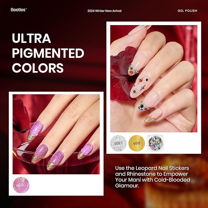 Beetles Winter Gel Polish Kit- Cat Eye Glitter 20 Colors Leopard-Print Theme Gel Polish With Sticker Rhinestone Base Coat Glossy & Matte Top Coat Mob Wife Collection Soak off Uv Gel Gifts for Women