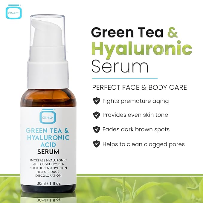 Omic, Green Tea & Hyaluronic Acid Serum for Face – 1 fl oz / 30 ml - Acne Spot Remover, Reduce Wrinkles, Helps to Hydrayein Skin, Anti-aging Serum