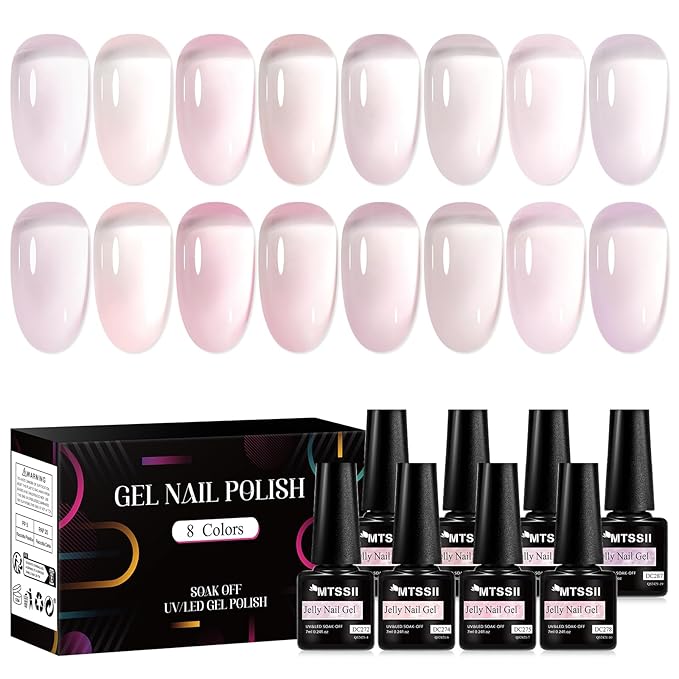 MTSSII Sheer Gel Nail Polish Set Jelly UV Gel 8 Colors Translucent Milky White Pink Nude Purple Colors Nail Polish For All Seasons Neutral Soak off LED Lamp Gel Manicure Kit for Nail Art