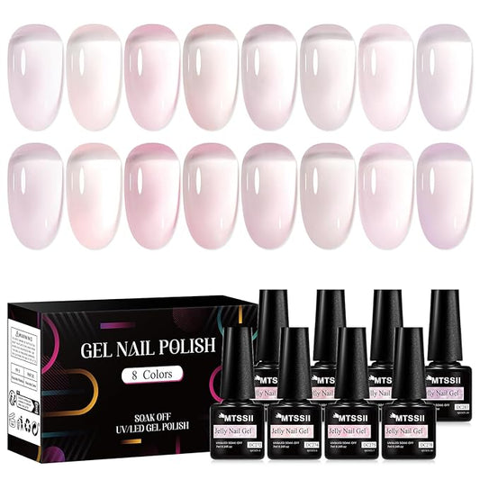 MTSSII Sheer Gel Nail Polish Set Jelly UV Gel 8 Colors Translucent Milky White Pink Nude Purple Colors Nail Polish For All Seasons Neutral Soak off LED Lamp Gel Manicure Kit for Nail Art