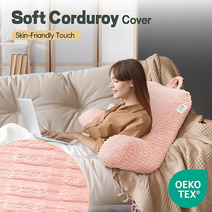 21" Higher Large Reading Pillow for Bed Adult, Back Pillow for Bed Sitting Up with Memory Foam Back Support with Arms Rest for Couch Chair Pink
