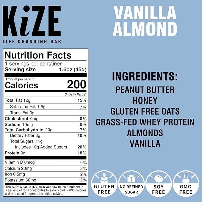 KiZE Energy Bars - Vanilla Almond - 20-Count - Gluten Free, Non-GMO, and High Protein Meal Replacement Energy Bars, Clean and Simple Food Ingredients - 10g High Protein Snacks (20 Count)
