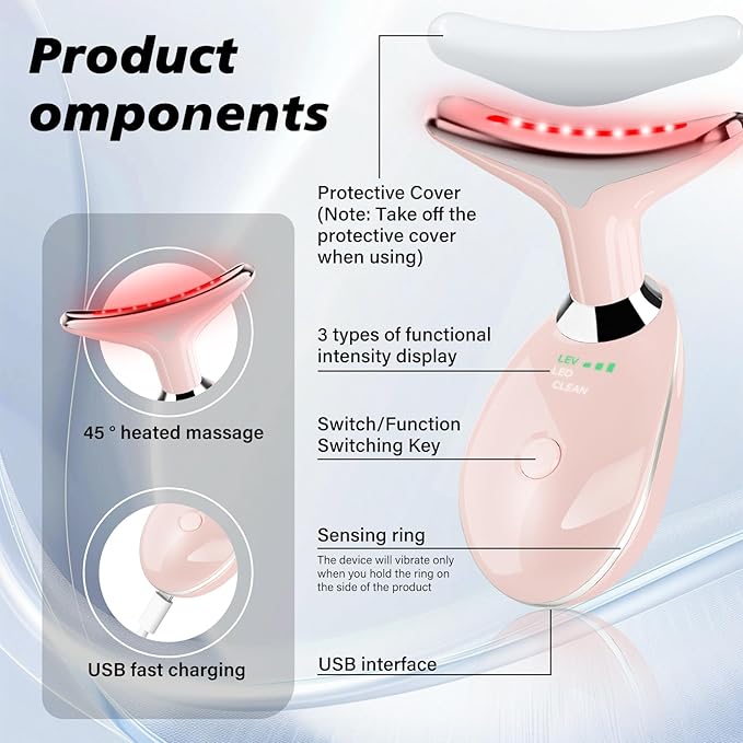 Neck&Face Massager with 7 Colors-Multi-Functional Skincare Tool,Home Beauty Device for Wrinkles&Relaxation (Warm Pink)