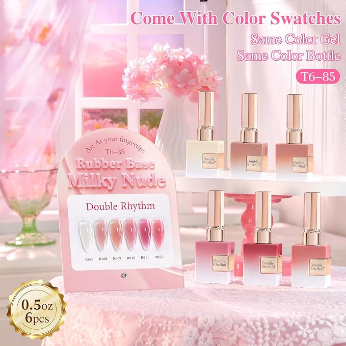 Double Rhythm 6 Pcs 15 ML Gel Polish Set Same Color Same Bottle Soak Off Gel Polish Kit Nail Art Manicure Salon DIY at Home for Women (Milky Nude Pink Rose Purple -T6-85)