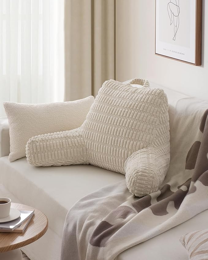Blissful Diary Reading Pillow, Backrest Pillow with Shredded Memory Foam for Adult & Children, Designed for Bed and Couch Sitting Up, Includes Arms, Pockets and Washable Cover, Off White