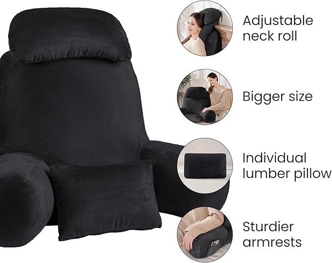 NOONTIDE Reading Pillow for Sitting up in Bed and Couch,32" X-Large Back Pillow for Adult & Teens with Soft Adjustable Neck Roll Backrest Pillow,Washable Cover,Watching TV/Gaming/Relaxing(Black)