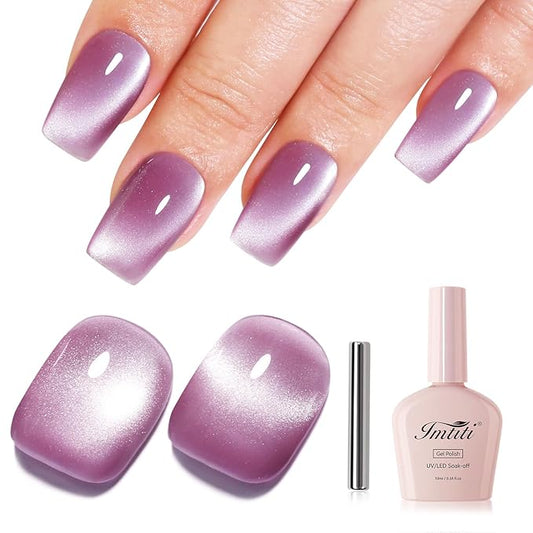 Imtiti Plum Purple Cat Eye Gel Nail Polish with Magnet, Holographic Glitter Shimmer Magnetic UV Gel Polish for Nail Art Soak off UV Led