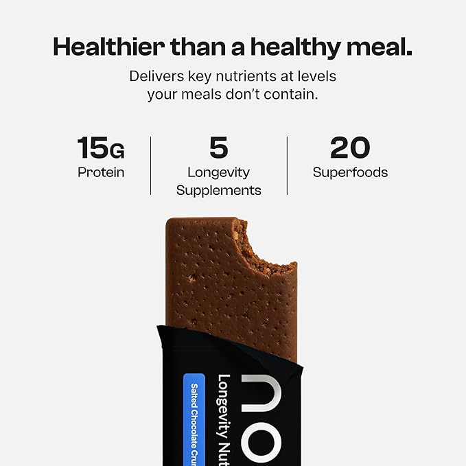 Novos Longevity Meal Bar - Salted Chocolate Crunch - 15g Protein Bar, 5 Longevity supplements, 20 Superfoods, Seed Oil Free, Targets Causes of Aging, Skin, Mind and Mood Support, Vegetarian, 12-Pack