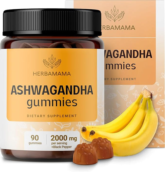 HERBAMAMA Ashwagandha Gummies - 2000mg Pure Ashwagandha Root with Black Pepper for Calm & Mood Support - Vegan, Non-GMO Calming Supplements for Adults - 90 Pectin-Based Banana-Flavored Chews