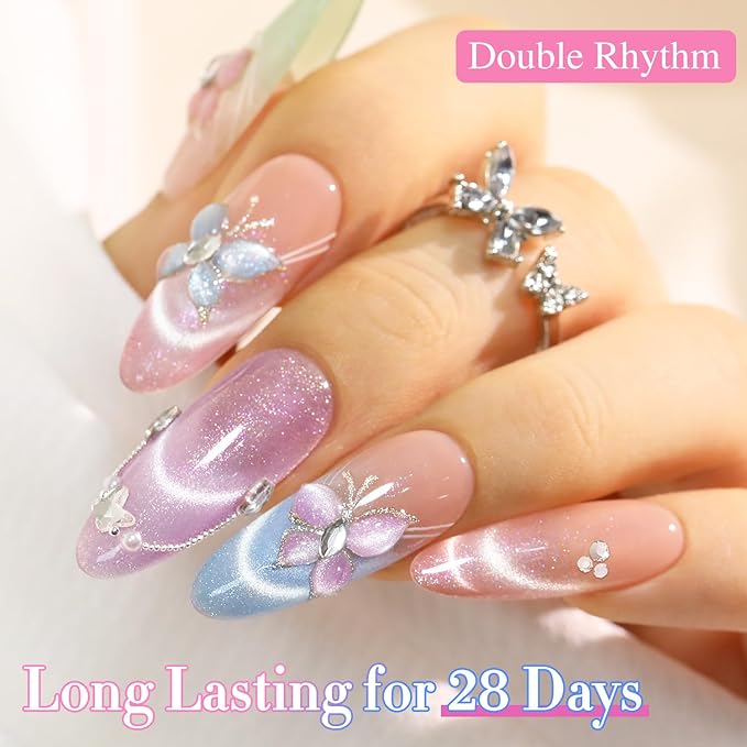 Double Rhythm Cat Eye Gel Nail Polish Set of 6 Same Color Same Bottle 0.5 Oz Shimmer Glitter with Magnet Holographic Reflective Magnetic UV Nail Polish Kit at Home (Nude Pink Green Purple-T6-29)