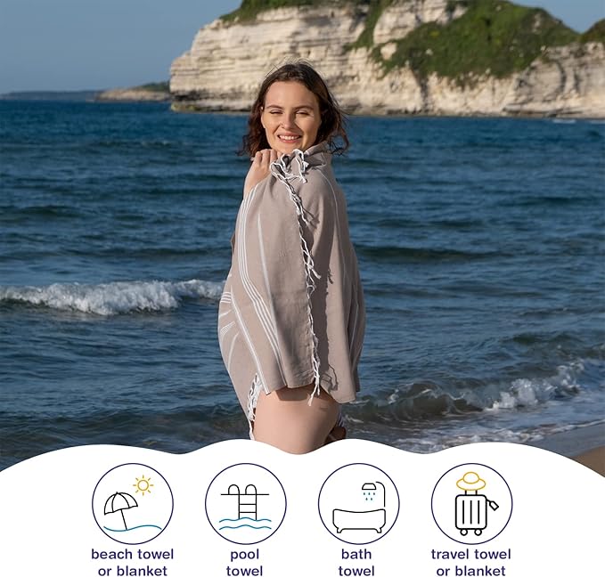Turkish Beach Towels, Bulk Case of 24 | Oversized, Quick Dry, Sand Free | 100% Cotton, Large 38x71 Towels for Beach, Pool, Travel | Ultra-Soft, Compact, Absorbent | Light Brown