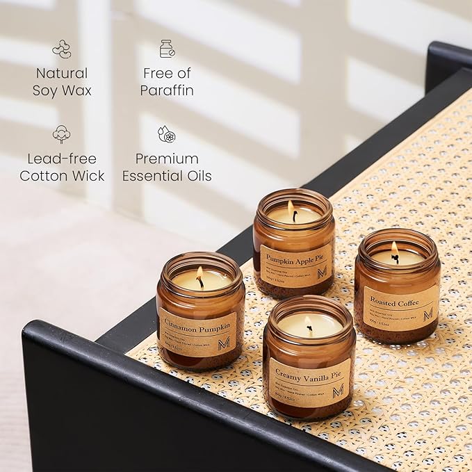 M&SENSE 4 Pack Candles for Home Scented Fall Candle Gift Set for Women Soy Wax Long Lasting Amber Jar Candles Gift for Halloween Thanksgiving Day