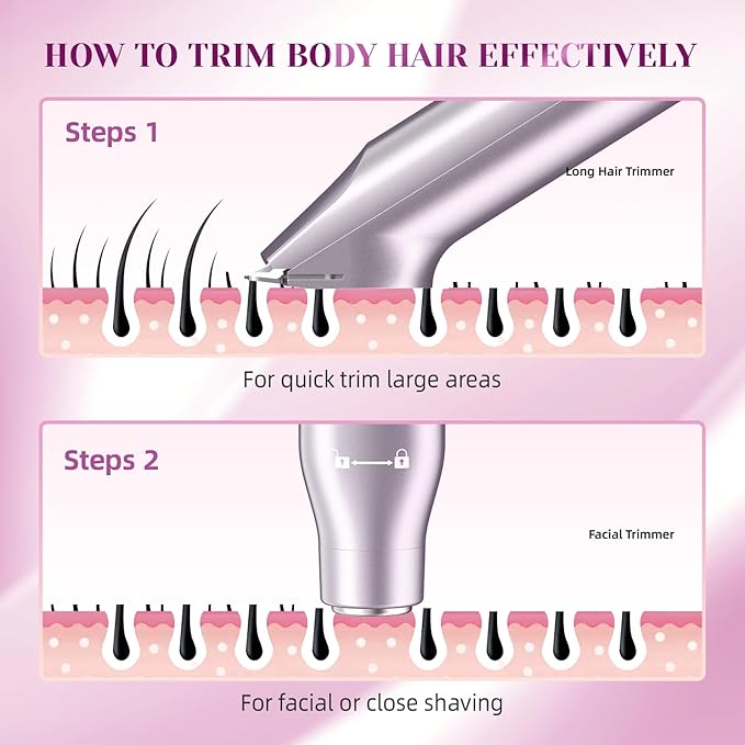 Bikini Trimmer for Women，3 in 1 Electric Razor with Ceramic Blades, IPX7 Waterproof, USB Rechargeable, Painless Hair Removal for Face，Body，Bikini Area, Travel Grooming Kit (Purple)