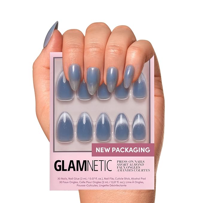 Glamnetic Press On Nails - Baby Blues | Short Almond, Pastel Blue Nails with a Mesmerizing Metallic Finish | 15 Sizes - 30 Nail Kit with Glue