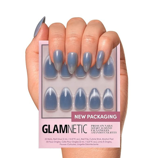 Glamnetic Press On Nails - Baby Blues | Short Almond, Pastel Blue Nails with a Mesmerizing Metallic Finish | 15 Sizes - 30 Nail Kit with Glue