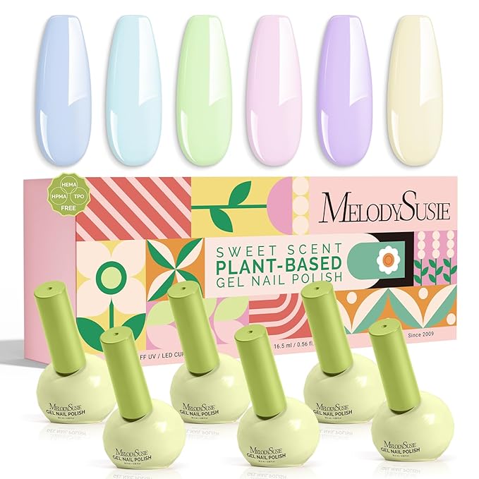 MelodySusie Highly Pigmented Gel Nail Polish Set, 0.56 fl.oz Tilt-and-Stand Bottle, HEMA Free Plant-Based Formula, 6 Colors Macarons, Soak Off UV LED Manicure Kit Gift Box(Pastel Pink Blue Purple)