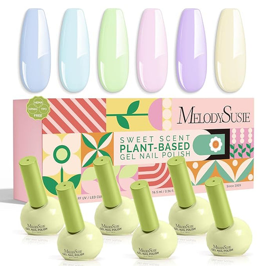 MelodySusie Highly Pigmented Gel Nail Polish Set, 0.56 fl.oz Tilt-and-Stand Bottle, HEMA Free Plant-Based Formula, 6 Colors Macarons, Soak Off UV LED Manicure Kit Gift Box(Pastel Pink Blue Purple)