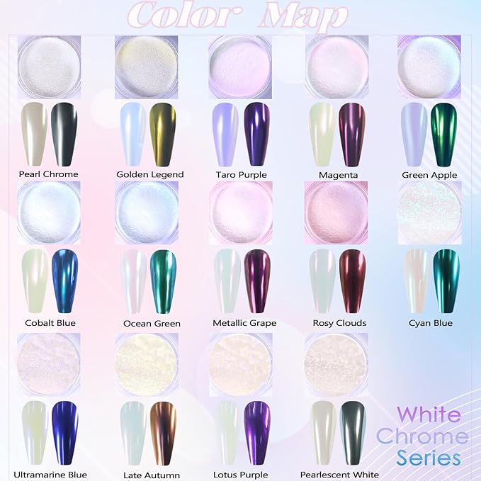 Laza White Chrome Powder Glazed Donut Metallic Effect Pigment Shimmer Mica Iridescent Aurora Glitter Fairy Dust Gel Nail Art Supplies for Techs - Pearlescent White