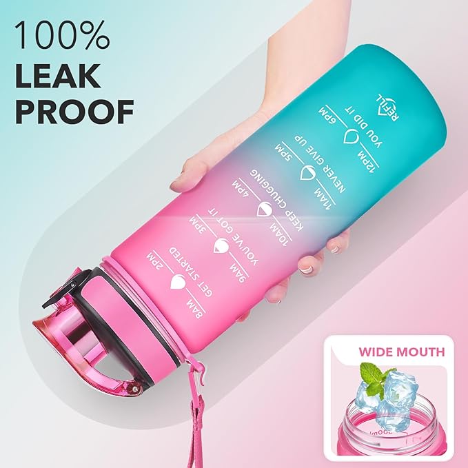 Enerbone Water Bottle, Leakproof BPA & Toxic Free, Motivational Water Bottle with Times to Drink and Straw, Fitness Sports Water Bottle with Strap for Office, Gym, Outdoor Sports