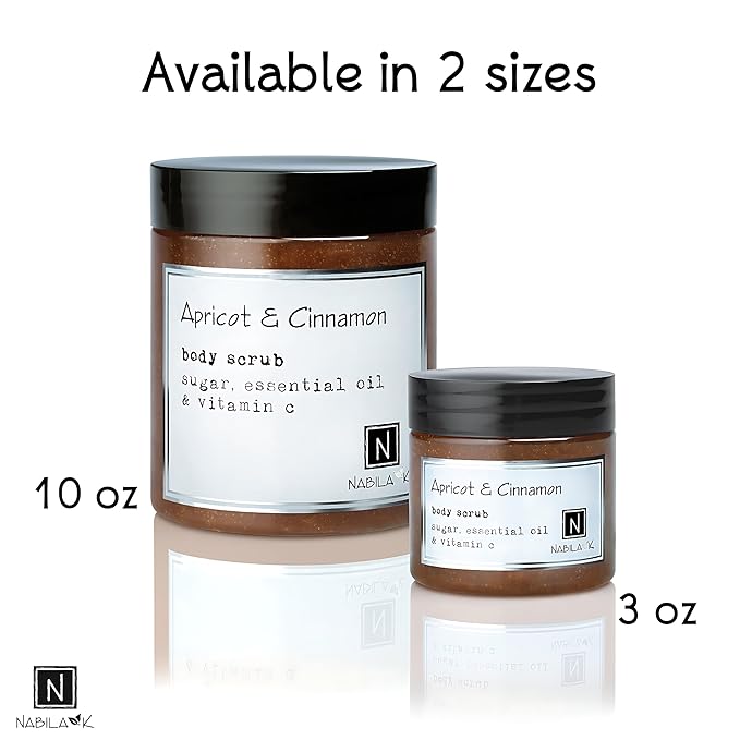 Apricot & Cinnamon Body Scrub Made in USA with Essential Oil and Vitamin C by Nabila K - Exfoliate and Moisturize for Smooth Skin - Luxury for Women & Men, 3 oz
