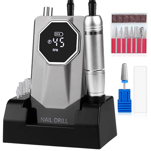 45000RPM Professional Cordless Portable Nail Drill Cordless Low Noise Nail Filer Electric Machine with Efile Bits & Base for Acrylic Nails, Nail Buffer Machine for Salon Home (Grey)