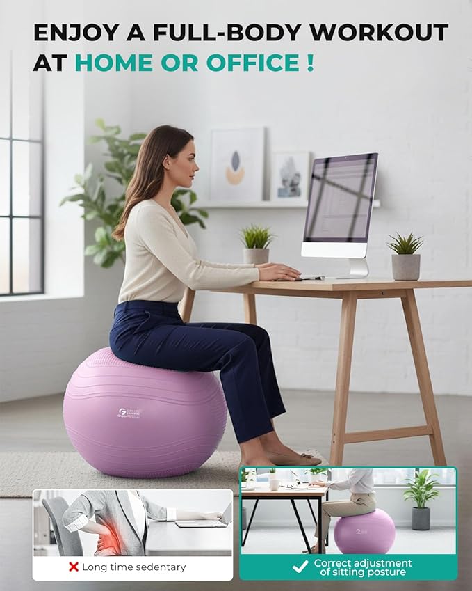 Gruper Yoga Ball, Extra Thick Exercise Ball for Workout Pregnancy Stability - 4 Sizes Anti Burst Balance Ball for Yoga, Pilates, Fitness, Birthing, Physical Therapy - Includes Pump