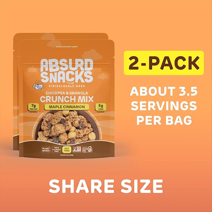 Absurd Snacks Chickpea & Granola Crunch Mix, Nut-Free, Gluten-Free, Plant-Based, Good Source of Protein & Fiber, Top-9 Allergen Free Snack Mix - 2-Pack (5 ounce, 3.5 servings) (Maple Cinnamon)
