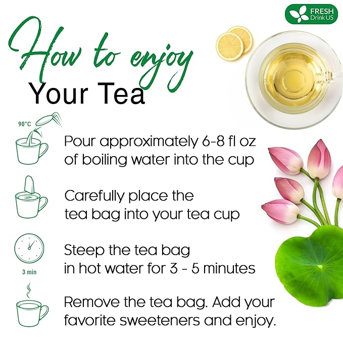 FreshDrinkUS, Premium 30 Lotus Leaf Tea Bags, 100% Natural & Pure from Lotus Leaves. Loose Leaf Lotus Herbal Tea. Made with Eco-Conscious Tea Bags. No Sugar, No Caffeine, No Gluten, Vegan.