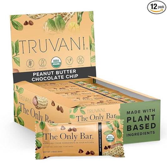 Truvani Plant Based Snack Bars | Peanut Butter Chocolate Chip 12 Pack | 8g Protein | USDA Organic and Vegan | The Only Bar | Dairy, Soy, and Gluten Free | Individually Wrapped