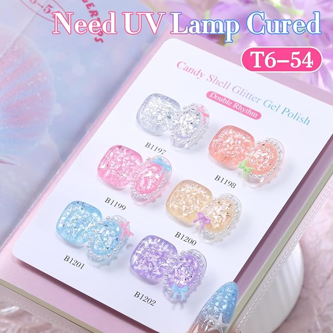 Double Rhythm 0.5 Oz Glitter Gel Polish Set of 6 Color with Display Borad 15 ml Full Size Kit Shimmer Reflective Sparkle Soak Off Manicure Salon DIY at Home (Silver Pink Yellow-T6-54)